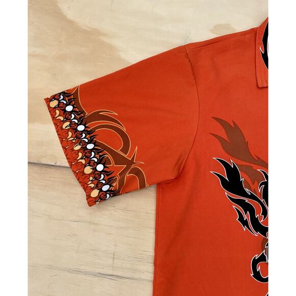 NO BOUNDARIES Vintage Flame & Dragon Camp Shirt Orange Black Polyester SIZE M - Picture 5 of 6